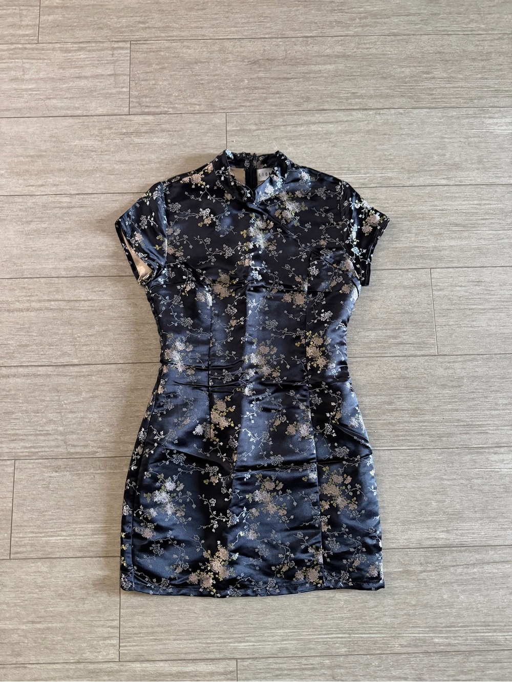 Lioness Black Satin Floral Cheongsam Mini Dress